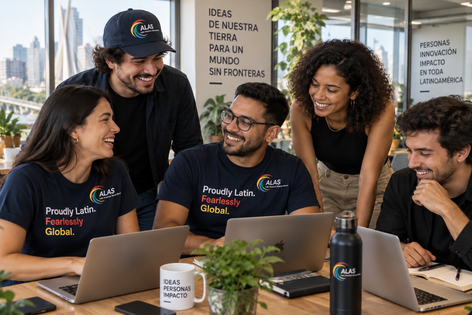 Founders wearing ALAS t-shirts and cap collaborating around laptops in an innovation hub