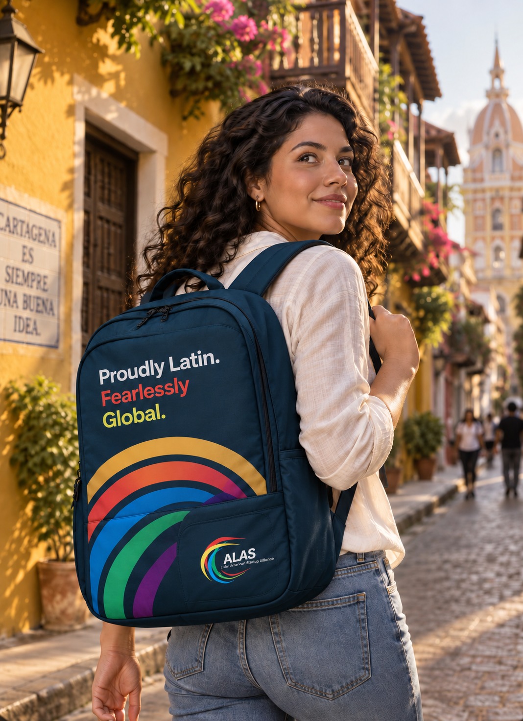 Professional wearing the ALAS backpack in the streets of Cartagena