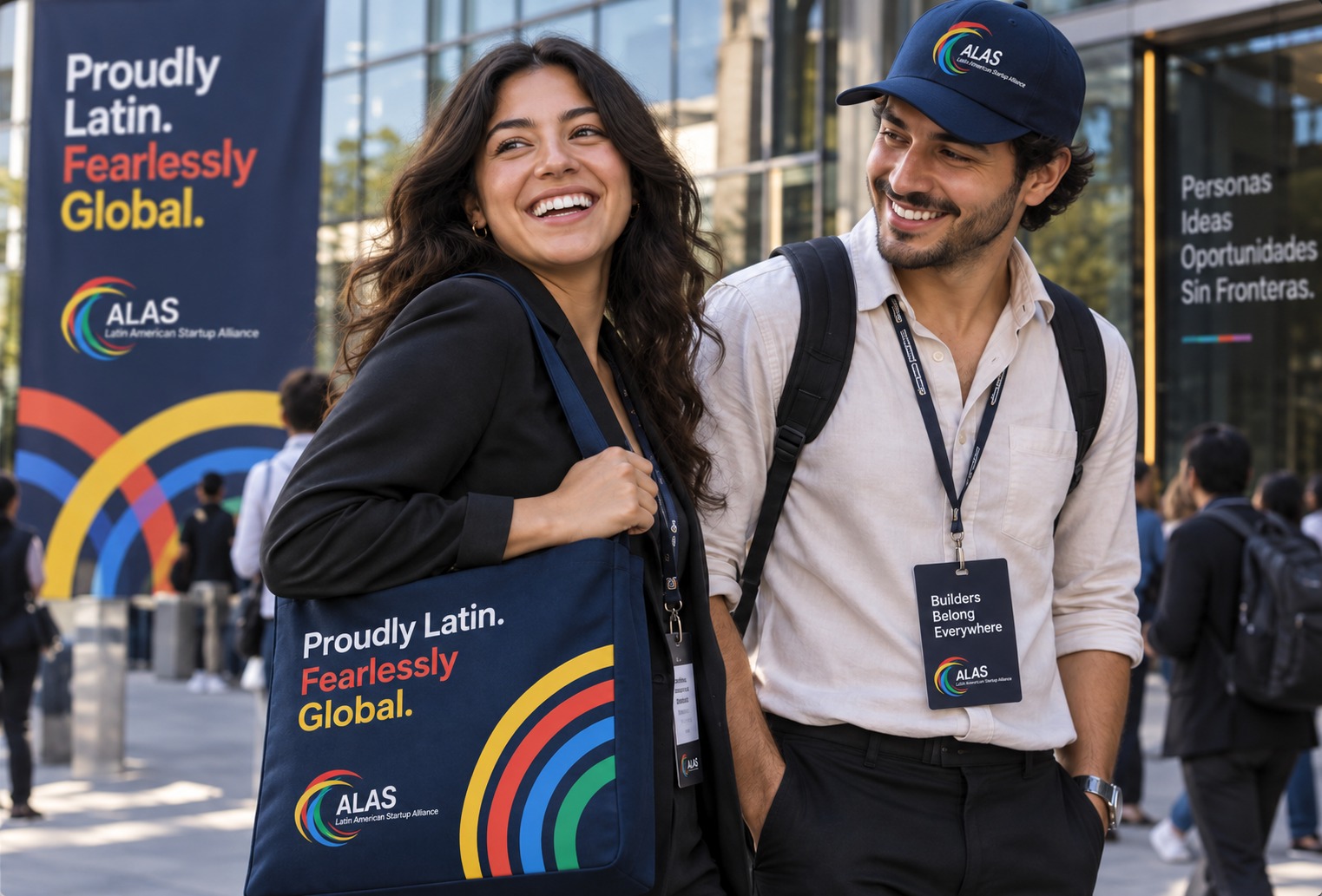 Two entrepreneurs with the ALAS crossbody bag and cap leaving an ALAS event