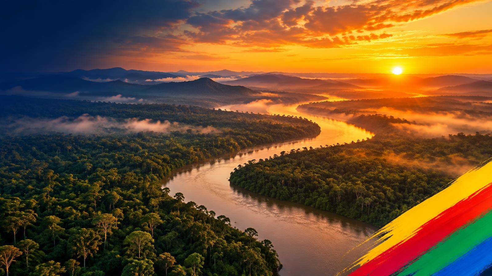 Aerial view of a winding river through the Amazon rainforest at sunrise, with a colourful paint stroke in the corner